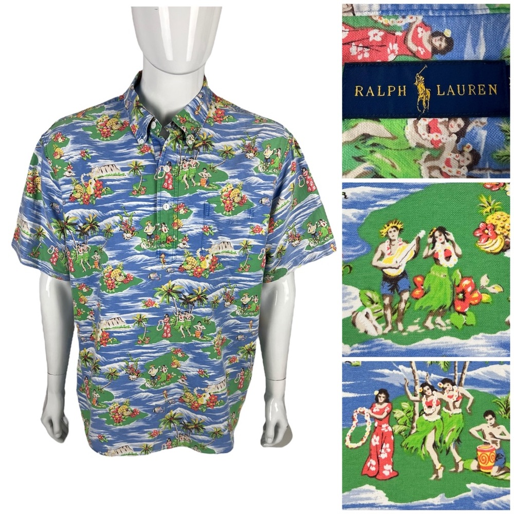 Polo Ralph Lauren Mens 2XL Shirt 1/2 Button Popover Hula Lei S/S Hawaiian EUC